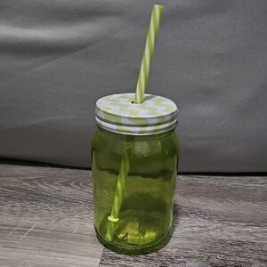 Green Mason Jar with Straw